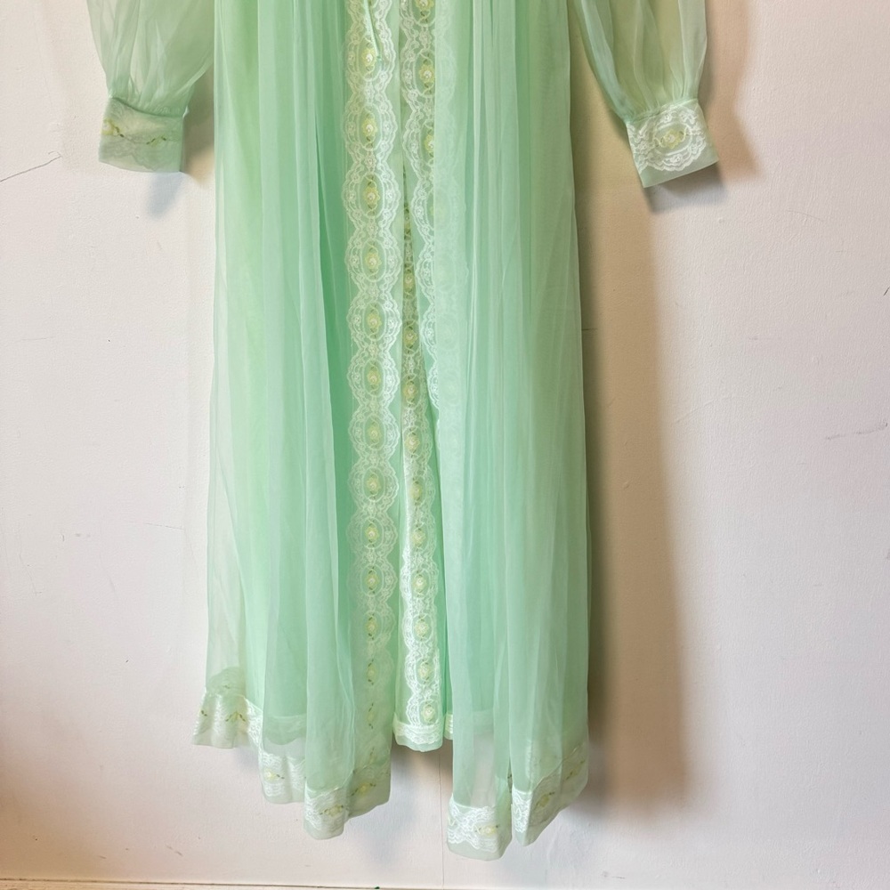 Vintage 50s Peignoir Set Mint Green Nighty Robe Lace Sheer Retro Small Medium - Picture 5 of 16